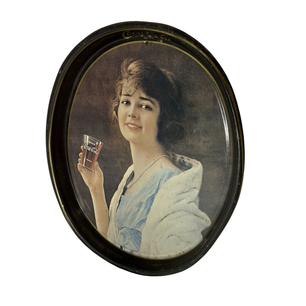 Vintage Drink Coca-Cola Serving Tray Metallic Plate Woman drinking Coke 1973